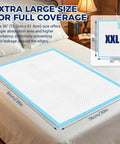 Heavy Duty Disposable Bed Pads 30 X 36 Inch Extra Large Underpads 50 Pack on a bed showing dimensions and design for full coverage.