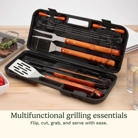 Open case displaying 13 Piece Wooden Handle Grill Tools Set With Stainless Steel Spatula, Fork, Tongs, Cleaning Brush, Skewers