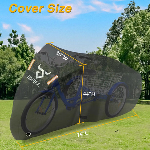 Beefy 420D Tricycle Cover For 29 Inch Adult Three Wheeled Bikes, 75L 30W 44H Outdoor Weatherproof Storage, Waterproof Electric Trike Shelter For Most 3 Wheeled Bicycles. Size chart over covered trike