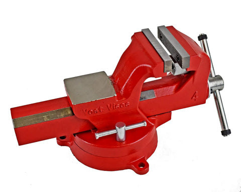 Heavy Duty 4 Inch Bench Vise Built Tough With 130,000 PSI Austempered Ductile Iron, 360 Degree Interlocking Swivel Base, Replaceable Machinist And Pipe Jaws, 2 Lockdowns, Red