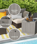 Weatherproof 31 Gallon Deck Box With Locking Lid For Outdoor Cushions, Pool Gear, And Garden Tools In Greige next to patio sofa