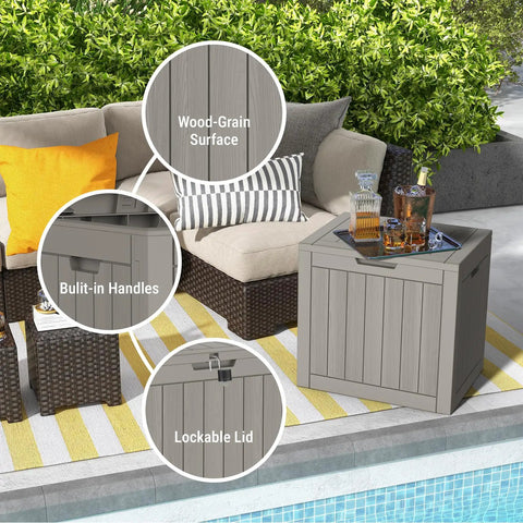 Weatherproof 31 Gallon Deck Box With Locking Lid For Outdoor Cushions, Pool Gear, And Garden Tools In Greige next to patio sofa