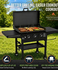 Premium Steel Hinge And Handle Kit Converts Removable Lids To Flip Up Covers Compatible With 28 36 44 Inch Outdoor Griddles shown with grilled food.