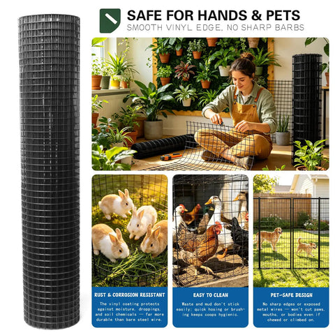 Rock-Solid Heavy-Duty Black Hardware Cloth Fencing roll, 48 inch wide, 1/2 inch openings, used for secure chicken coops and pet areas.