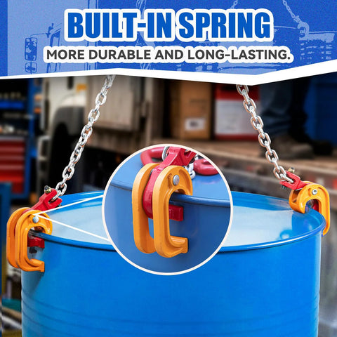 55-gallon drum lift with dual orange clamps and steel chains lifting a blue steel drum