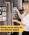 Person attaching 8 by 10 inch magnetic sheets with adhesive backing and photos to a refrigerator, showcasing strong hold on metal surfaces.