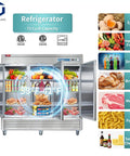 Hella Spacious 72 Cubic Foot Three Door Commercial Reach In Upright Refrigerator With Solid Doors And Heavy Duty Racks Built Different For Restaurants Or Big Home Kitchens filled with food and drinks.