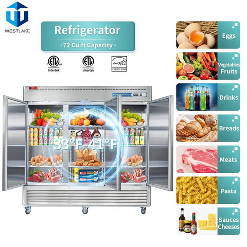 Hella Spacious 72 Cubic Foot Three Door Commercial Reach In Upright Refrigerator With Solid Doors And Heavy Duty Racks Built Different For Restaurants Or Big Home Kitchens filled with food and drinks.