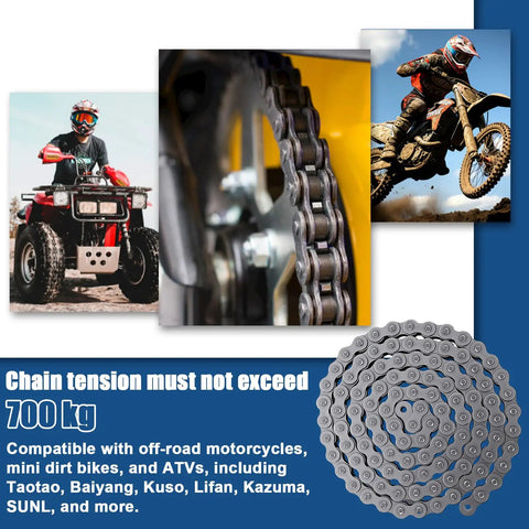 Heavy Duty 415H Motorized Chain, 110L Universal Fit for Dirt Bikes, Pit Bikes, ATVs, with chain image and ATV rider