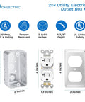 Heavy Duty 2x4 Utility Electrical Outlet Box Kit With Metal Enclosure, 20 Amp Tamper-Resistant Duplex Receptacle, 3-Pack, Includes Duplex Cover Plate, Grounding Screw, And Ten 1/2 Inch Knockouts, with box and cover plate