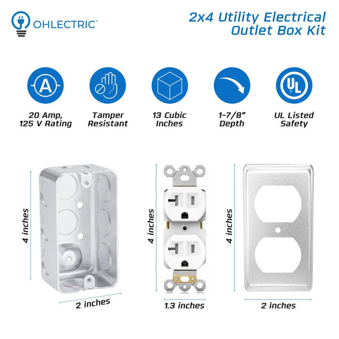 Heavy Duty 2x4 Utility Electrical Outlet Box Kit With Metal Enclosure, 20 Amp Tamper-Resistant Duplex Receptacle, 3-Pack, Includes Duplex Cover Plate, Grounding Screw, And Ten 1/2 Inch Knockouts, with box and cover plate