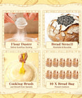 No Brainer All In One Sourdough Starter Kit For Beginners includes flour duster, bread stencil, cooking brush, and bread bags.