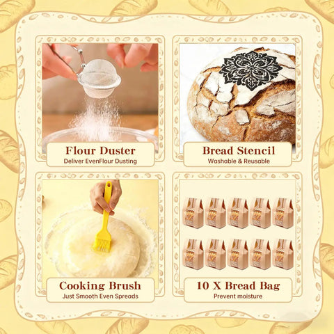 No Brainer All In One Sourdough Starter Kit For Beginners includes flour duster, bread stencil, cooking brush, and bread bags.