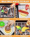 Four images showing kids using the Epic Backyard BBQ Grill Playset For Kids With Smoke Sound And Lights to cook meals, hot dogs, burgers, and meat.