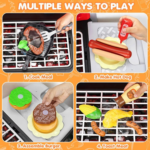 Four images showing kids using the Epic Backyard BBQ Grill Playset For Kids With Smoke Sound And Lights to cook meals, hot dogs, burgers, and meat.