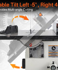 Table tilt adjustment on Heavy Duty 10 Inch Bandsaw For Woodworking With 1/2 Hp Motor And Dual Speed Up To 3280 FPM.