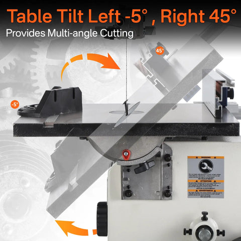 Table tilt adjustment on Heavy Duty 10 Inch Bandsaw For Woodworking With 1/2 Hp Motor And Dual Speed Up To 3280 FPM.