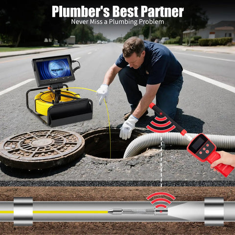Badass 100 Foot Sewer Camera With A Big 9 Inch 1080p Screen And 512hz Wire Locator used by a plumber inspecting a drain.