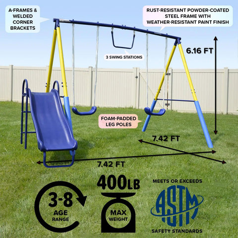 My First Metal Swing Set With Slide For Up To 4 Kids, Heavy Duty 2 Inch Steel Frame, Outdoor Backyard Playset, Blue and Yellow