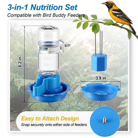 Three In One Bird Nutrition Set with Water Fountain, Fruit Spike and Jelly Tray Feeder for Outdoor Backyards, blue design