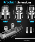 8 Piece Pvc Pipe Threading Kit With Broken Bolt Extractor Gloves, showing product dimensions of threading heads and tools.