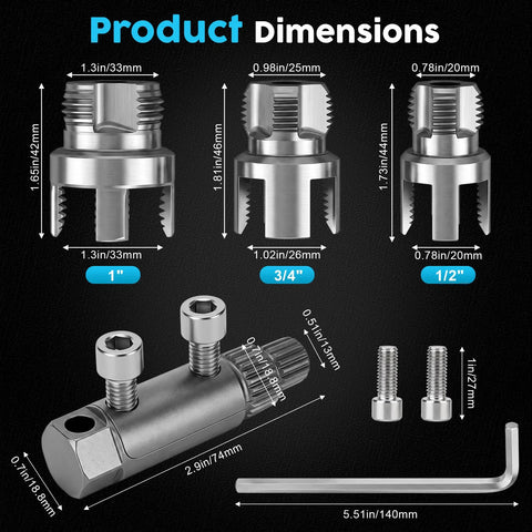 8 Piece Pvc Pipe Threading Kit With Broken Bolt Extractor Gloves, showing product dimensions of threading heads and tools.