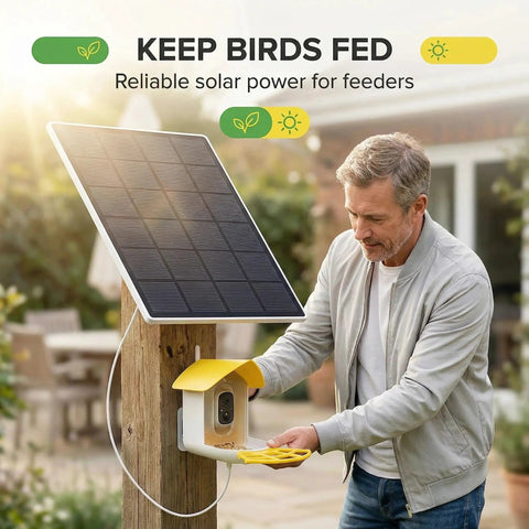 Man installing Outdoor Solar Panel Charger For Security Cameras, 3W USB C And Micro USB Ports on bird feeder