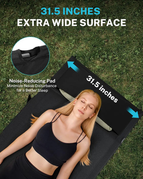 Woman resting on Extra Wide 31.5 Inch Camping Cot Ultralight Folding Bed For Adults Portable Travel Beach Home Use Built Tough Aluminum Frame