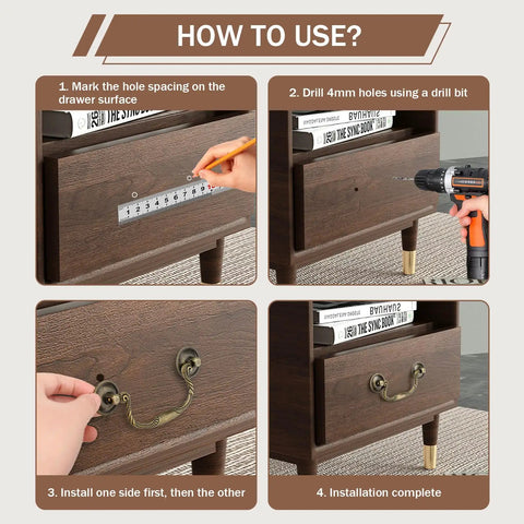 Installation steps for the 4-Piece Antique Bronze Drop Bail Drawer Pulls With Screws, 3.93 Inch Center To Center Swing Handles displayed.