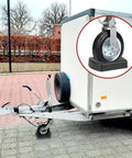Heavy Duty Jack Wheel Chock Reinforced Rubber Wheel Dock For 6 Inch Jockey Wheels, Durable Wheel Stabilizer And Stopper For Caravans And Trailers, Oil Water And Gasoline Resistant, Protects Jack Caster Wheels And Prevents Rolling next to a trailer.