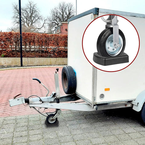 Heavy Duty Jack Wheel Chock Reinforced Rubber Wheel Dock For 6 Inch Jockey Wheels, Durable Wheel Stabilizer And Stopper For Caravans And Trailers, Oil Water And Gasoline Resistant, Protects Jack Caster Wheels And Prevents Rolling next to a trailer.