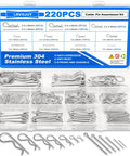 Front view: Amazon Cotter Pin Assortment Kit, 220pcs, 304 stainless steel R-clips & hairpin pins in clear case.