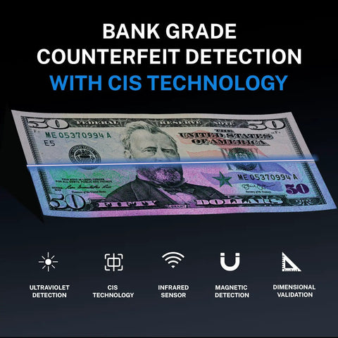 Heavy Duty Money Counter For Mixed Denominations With Real Time Value Counting And Breakdowns By Denomination Eight Currencies CIS UV MG IR DD Counterfeit Detection Printer Enabled Bill Counter External Display Large Touch Color Screen showing $50 bill under CIS technology scan