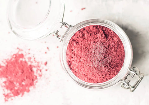 Open jar of Organic Freeze Dried Strawberry Powder Bulk 20 Pound Bag Non GMO 100 Percent Pure No Additives Vegan Easy To Mix