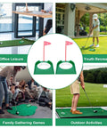 Six Pack Golf Putting Cups With Flags in various settings: office, backyard, family gathering, and outdoor activities