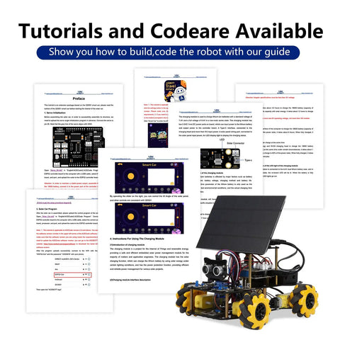 Smart Solar Robot Car Kit 4WD Remote Control For Arduino IDE With ESP32 Ultrasonic Infrared Sensors Mecanum Wheels Metal Gear Servos STEM Coding Project For Teens 12 Plus Kid Friendly Birthday Gift, tutorial pages and solar car