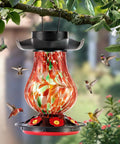 Solar Powered Hummingbird Feeder With 25 Oz Nectar Capacity Hand Blown Glass 6 Feeding Ports Moat Outdoor Hanging Color Changing LED Night Light Large Capacity Garden Decor
