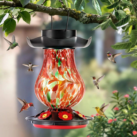 Solar Powered Hummingbird Feeder With 25 Oz Nectar Capacity Hand Blown Glass 6 Feeding Ports Moat Outdoor Hanging Color Changing LED Night Light Large Capacity Garden Decor