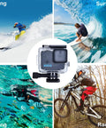 Collage showing 60m Waterproof Case For Hero 4K Action Camera Underwater Housing with Mount 196ft Depth in skiing, surfing, diving, racing.