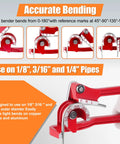 Red pipe bender showing angles for Three Sixteenth Inch Brake Line Repair Kit With Double And Single Flare Tool And 25 Feet Zinc Coated Brake Line 40 Fittings 4 Unions And Brake Line Bender For DIY Auto Repair And Pro Grade Jobs.