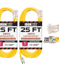 Heavy Duty 25 Foot Outdoor Extension Cord With 12 Gauge 3 Conductor SJTW Insulated Cable Lighted Yellow Power Cord 3 Prong Grounded Plug 15 Amp Ideal For Garden Tools And Major Appliances
