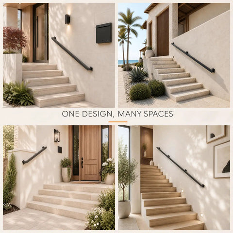 Dead Tight Six Foot Industrial Pipe Hand Rails For Indoor Stairs And Outdoor Decks Featuring Sleek Matte Black Finish in various settings.