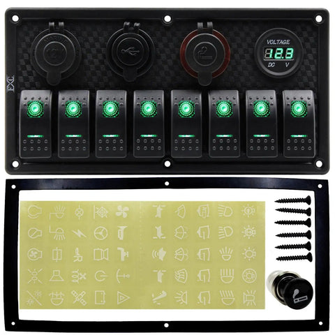 Beefy Eight Gang Waterproof Marine Rocker Switch Panel With Dual USB Ports And Cigarette Lighter Digital Voltage Display LED Light