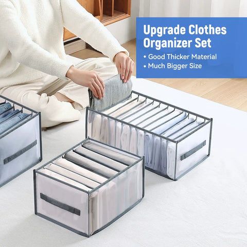 Six Piece Extra Large Closet Organizer And Storage Set For Shirts Jeans Sweaters T Shirts Leggings Undergarments Skirts And More Keeps Your Wardrobe Neat And Grab And Go Ready displayed with clothes inside.