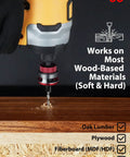 Heavy Duty Nine Piece Countersink Drill Bit Set With Adjustable Depth Stop Collar And Tct Alloy Steel drilling into oak lumber.