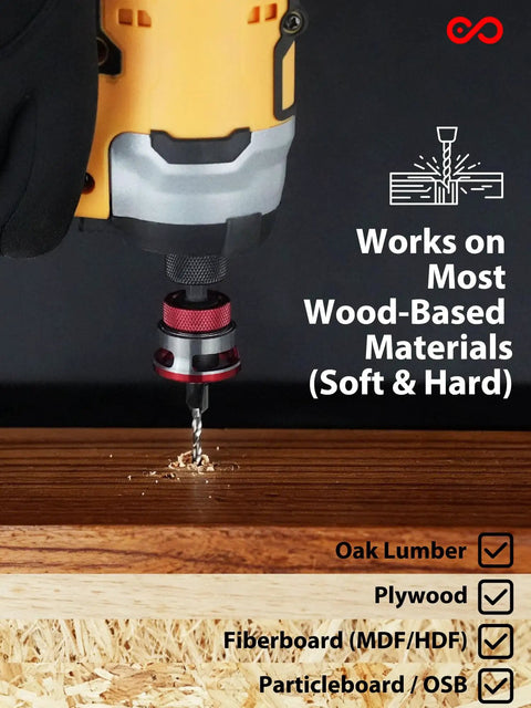 Heavy Duty Nine Piece Countersink Drill Bit Set With Adjustable Depth Stop Collar And Tct Alloy Steel drilling into oak lumber.