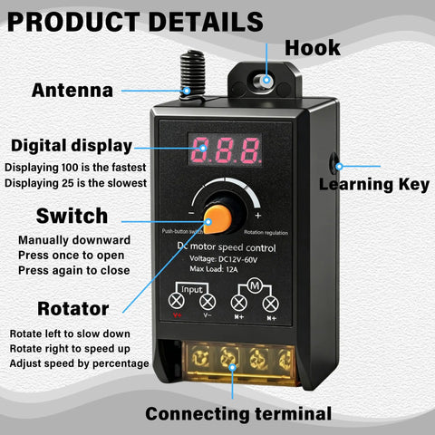 Universal Motor Speed Controller For 12V To 60V Systems With 12A Max Includes 2 Remote Controls DIY Ready Perfect For Motors LEDs And Fans 433MHz Wireless RF Switch Compact 100x50x36mm Receiver For Tight Spaces; front view with display, antenna, and terminals