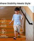 Solid Black Aluminum Stair Handrail DIY Kit With ADA Compliant Wall Returns No Sweat Installation Powder Coated For Indoor Outdoor Walkways Slick Five Foot Grip Bar on staircase with child.