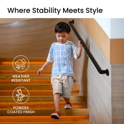 Solid Black Aluminum Stair Handrail DIY Kit With ADA Compliant Wall Returns No Sweat Installation Powder Coated For Indoor Outdoor Walkways Slick Five Foot Grip Bar on staircase with child.
