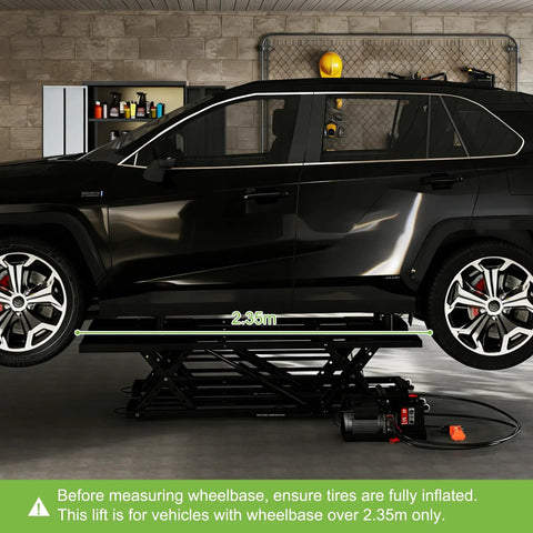 Side view of Beefy 7000 Lbs Portable Car Lift With 26.8 Inch Max Height Four Column Quick Jack lifting an SUV in a garage.
